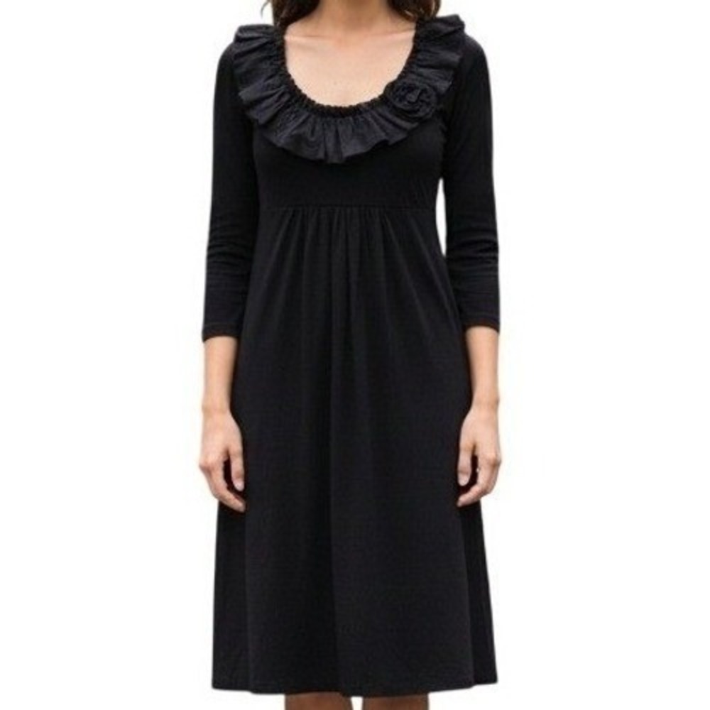 J Crew Black Jersey Knit Dress XS Empire Waist Ruffle Neck Long Sleeve NWOT